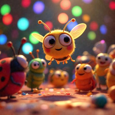 The primary subject of the image is a group of colorful, cute, and cuddly toy bees. They are standing on a colorful surface, possibly a carpet or a patterned floor, with a variety of colors and patterns. The visual style of the image is a combination of photo and digital art, creating a vibrant and lively atmosphere. The colors and mood of the scene are cheerful, playful, and inviting, with the bees being the main focus of the image.